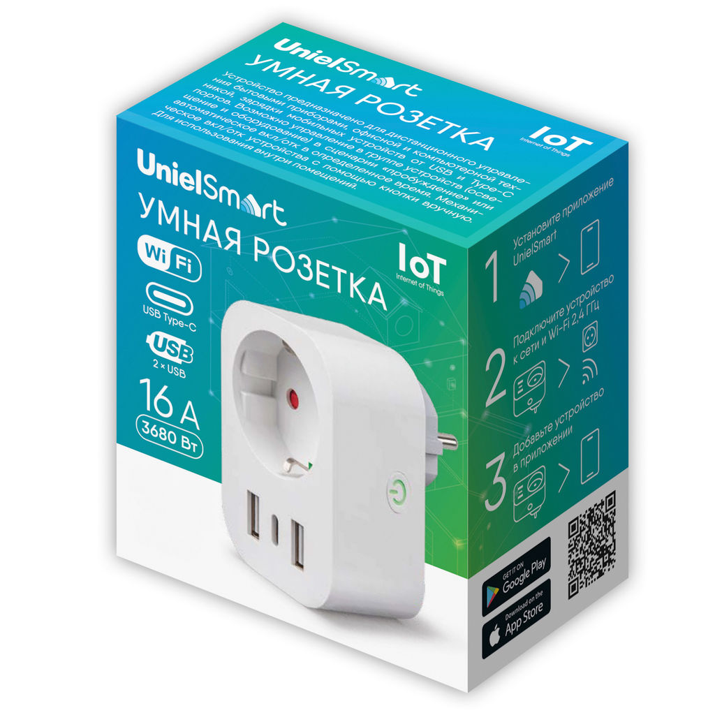 USH-A103 1G/UC/WF WHITE Умная розетка Wi-Fi. 2USB+Type-C (5В, 2,4A). 16A. До 3680Вт. Голосовое управление+приложение UnielSmart. TM Uniel - Volpe фото 12