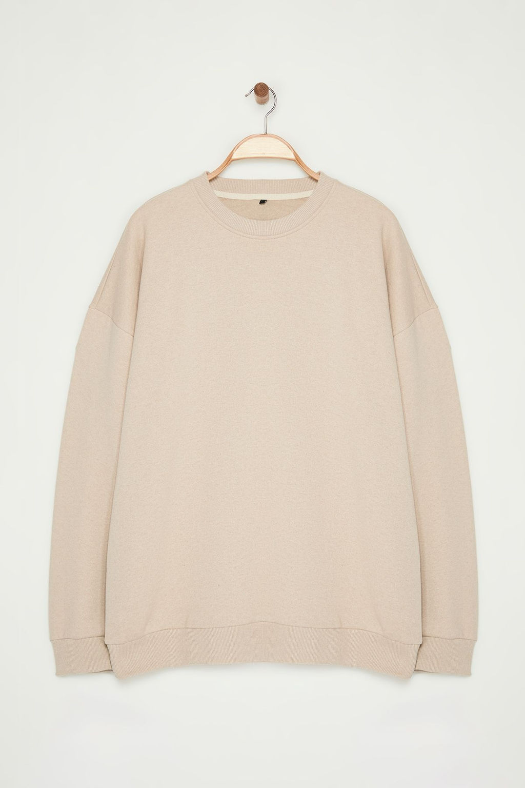 Bej B_y_k Beden Bisiklet Yaka Oversize/Geni_ Kesim S_rt Bask_l_ __i Polar Sweatshirt TMNAW24AO00004