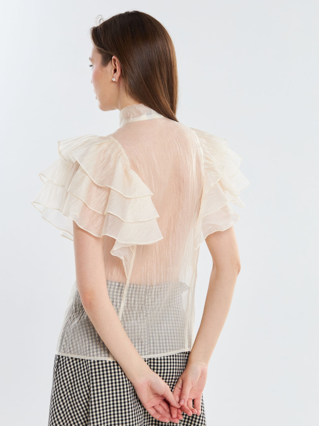 Блузка из органзы с рюшами и бантом OD-929-4 молочный - Tantino фото 6
