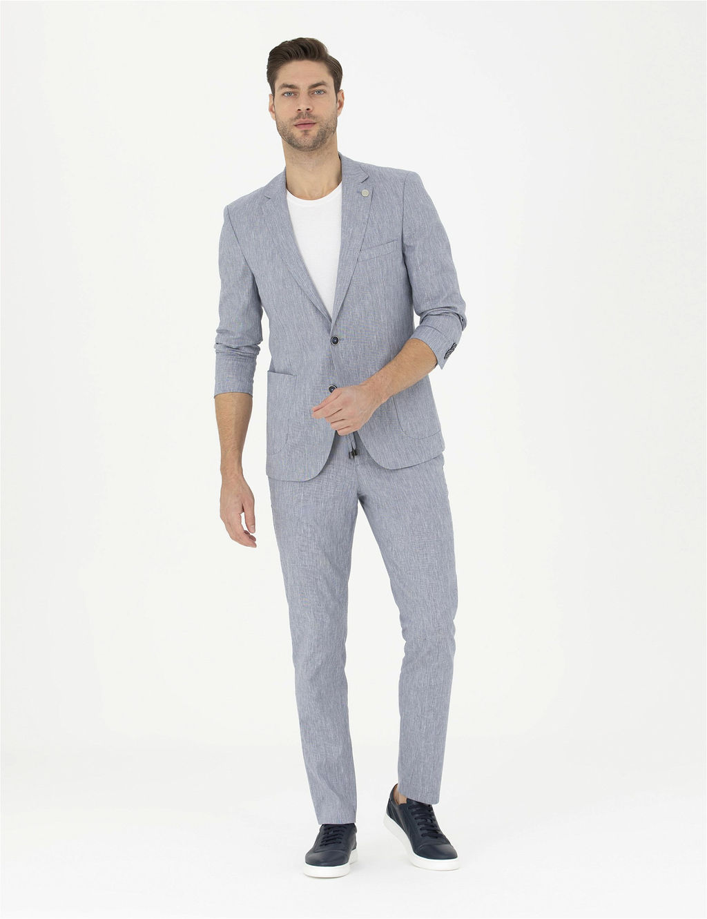 Koyu Mavi Ex. Slim Fit Keten Kar___ml_ Kuma_ Pantolon