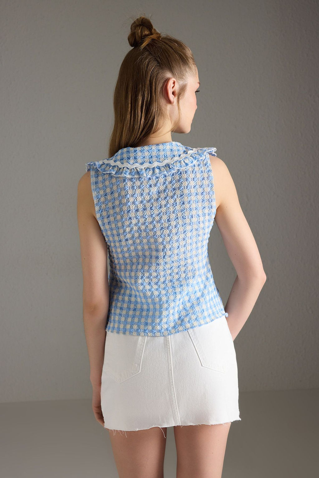 Trendyolmilla Mavi Bebe Yaka Ekoseli Gomlek TWOSS25GO00154 фото 4