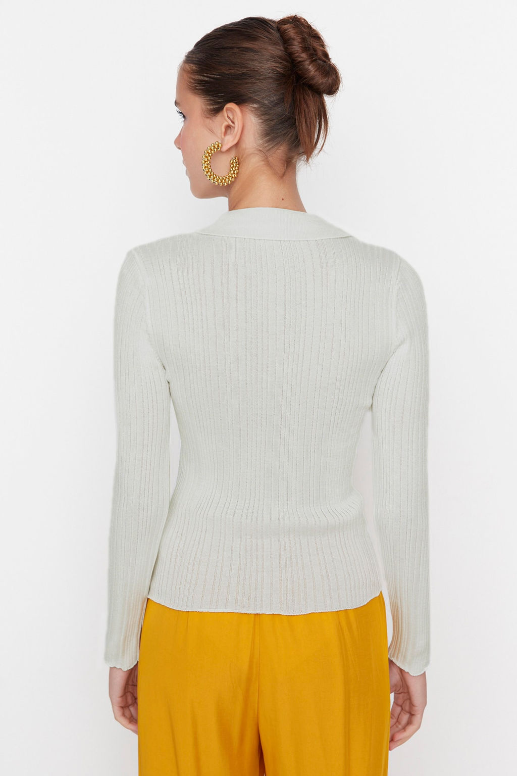 Ekru Merserize Gorunumlu Polo Yaka Fitilli Triko Kazak TWOAW21KZ0773 - Trendyolmilla фото 4