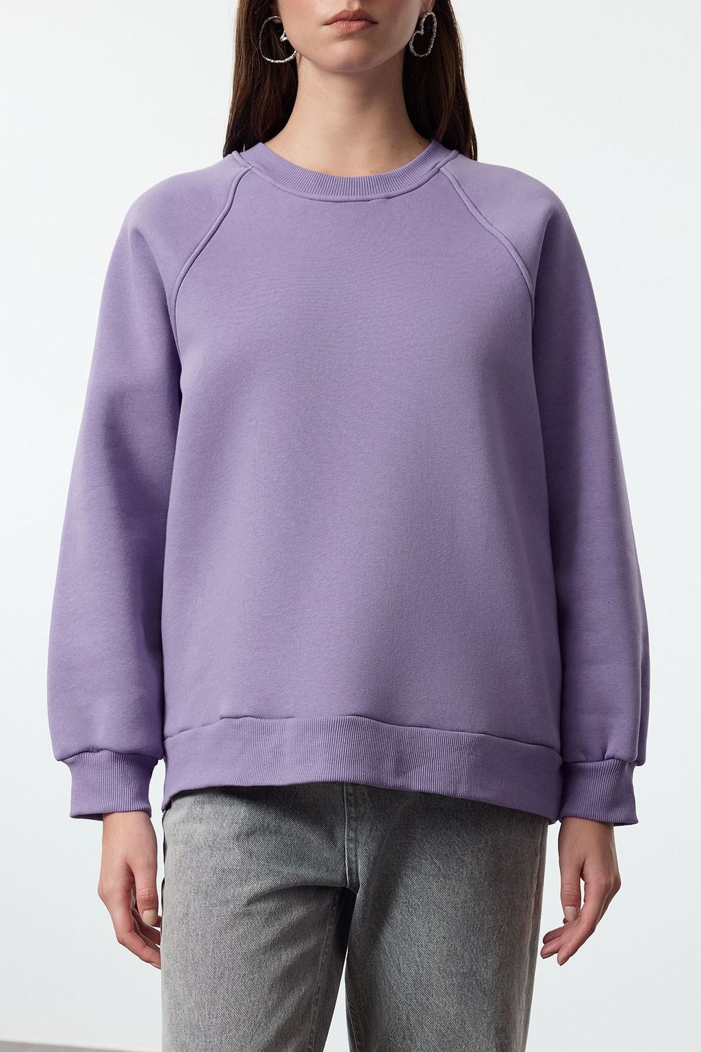 Lila Relaxed/Rahat Kal?p Basic Reglan Kol Bisiklet Yaka Orme Sweatshirt TWOAW24SW00104