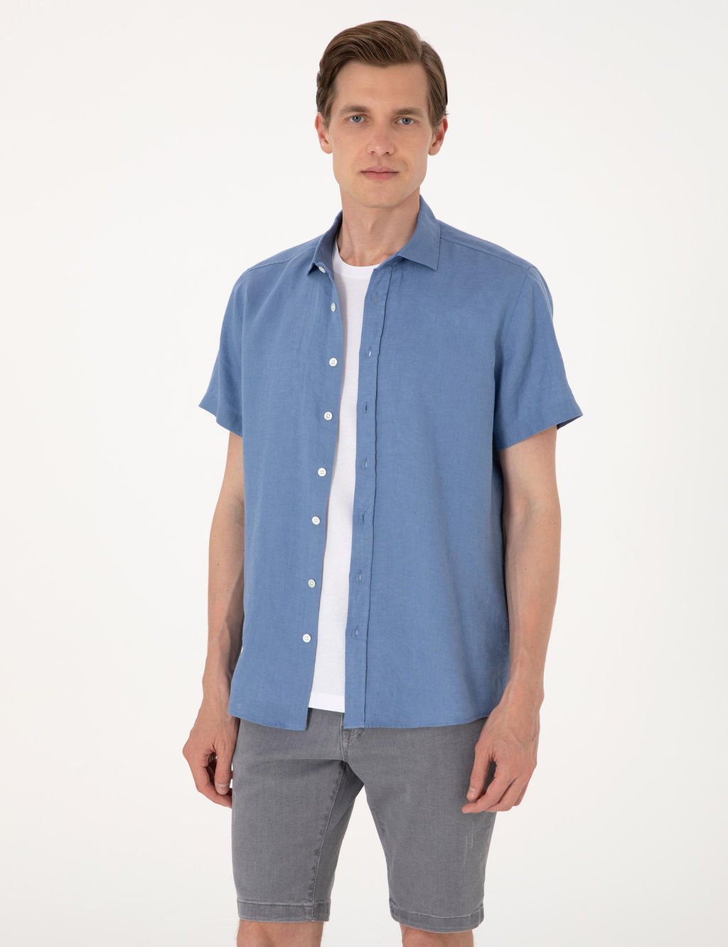 Mavi %100 Keten Regular Fit K_sa Kollu G_mlek