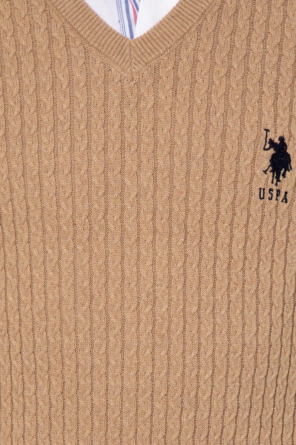 U. S. Polo Assn Мужской базовый трикотажный свитер светло-коричневого цвета с v-образным вырезом и меланжевым принтом - U.s. polo assn фото 6