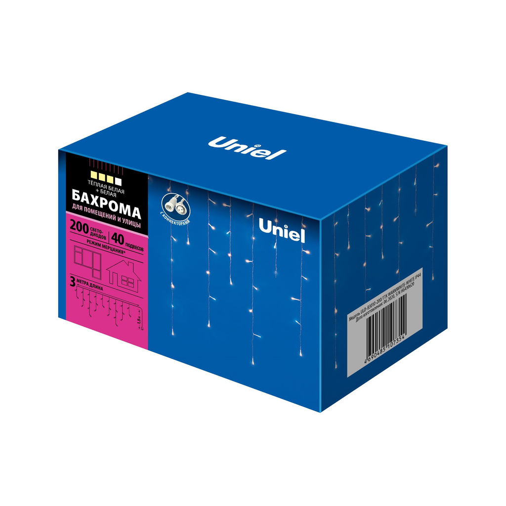 ULD-B3010-200/TTK WARMWHITE-WHITE IP44 Бахрома светодиодная с эффектом мерцания, 3м. Соединяемая. 200 светодиодов. Теплый белый и белый свет. Провод прозрачный. TM Uniel. - Volpe фото 13