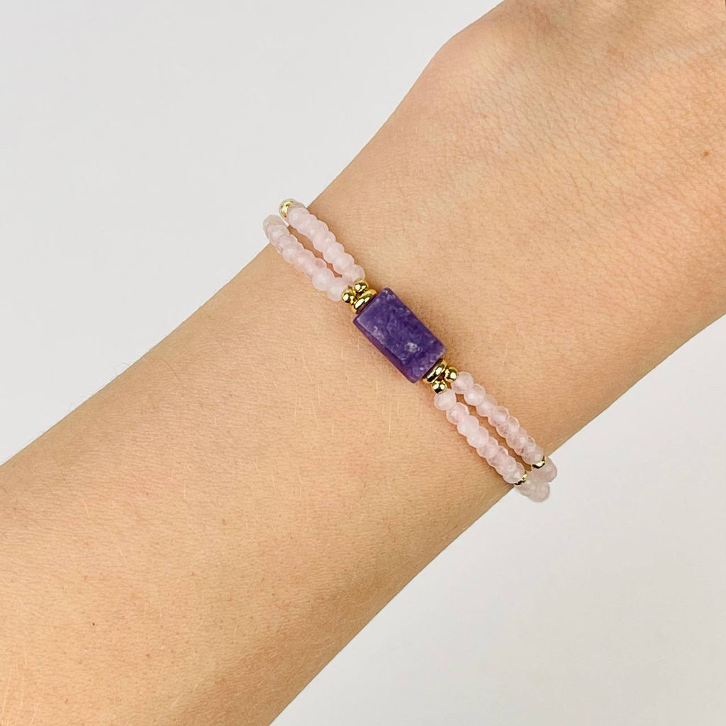 Браслет двойной из Розового кварца и Лепидолита 18 см +