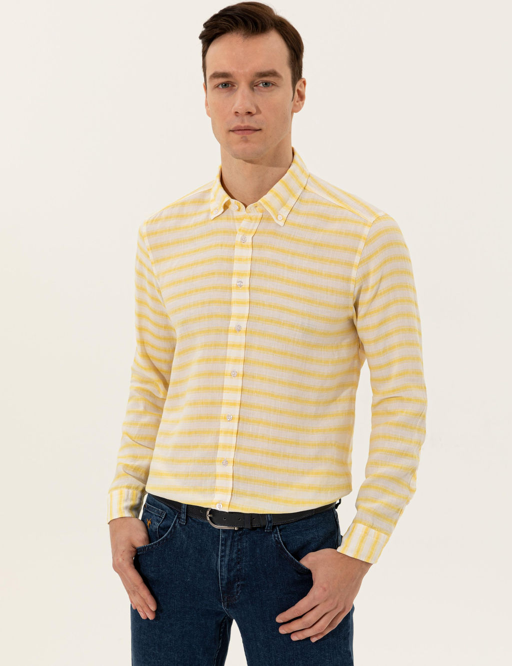 Sar_ Keten Kar___ml_ Slim Fit Uzun Kollu G_mlek