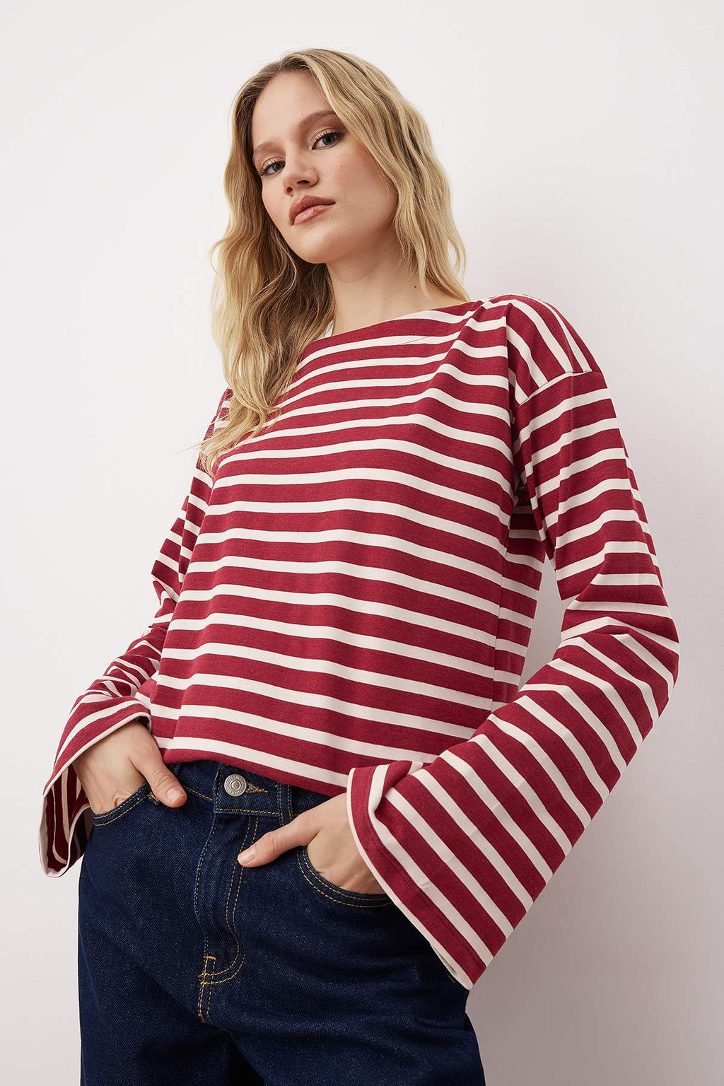 Bordo Kal?n Pamuklu Cizgili Regular/Normal Kal?p OrmeT-Shirt TWOAW26TS00001