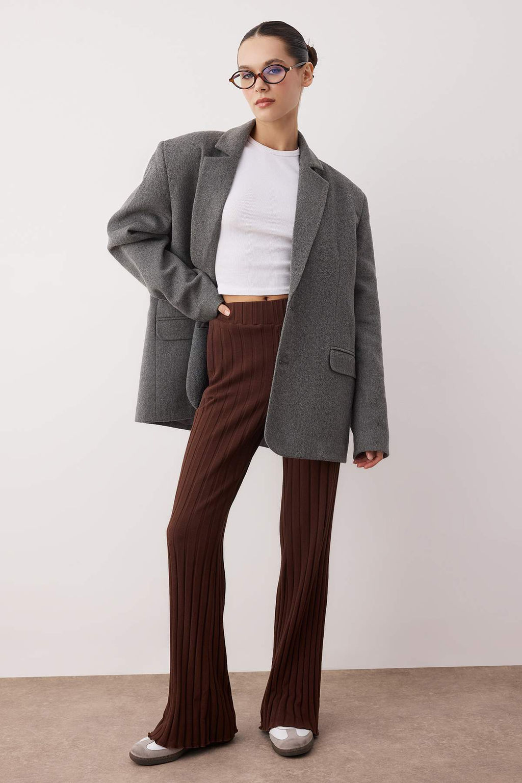 Kahverengi Flare/Ispanyol Paca Yuksek Bel Esnek Orme Pantolon TWOAW26PL00098