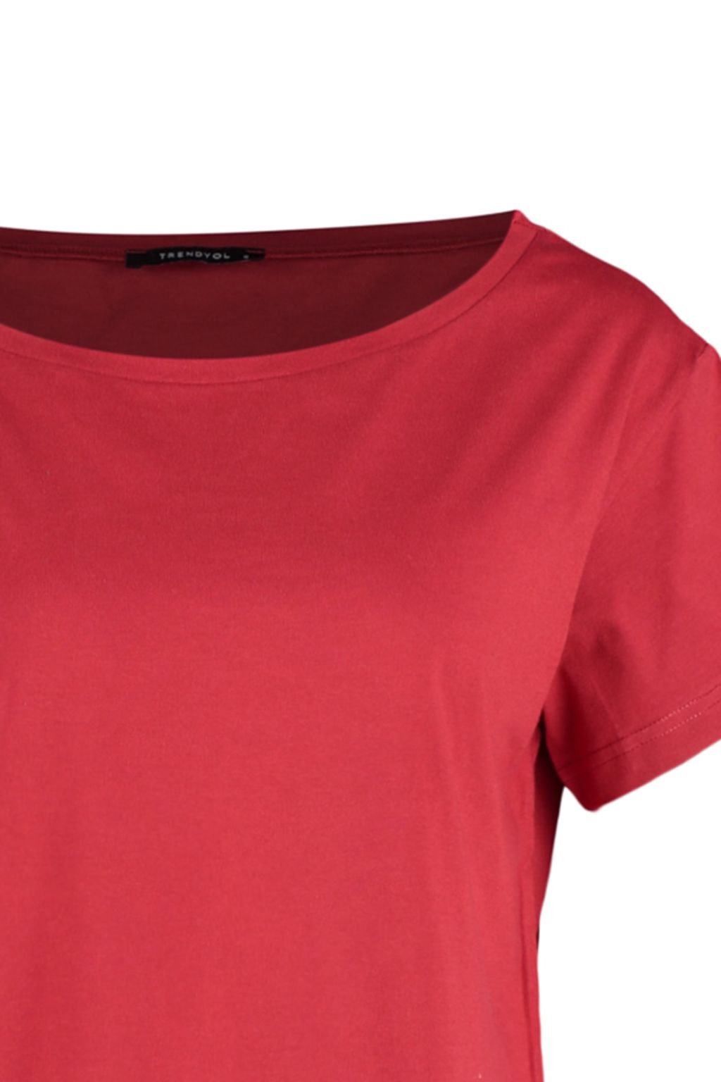 K?rm?z? %100 Pamuk Oversize/Genis Kal?p Kay?k Yaka Orme T-Shirt TWOSS20TS0140