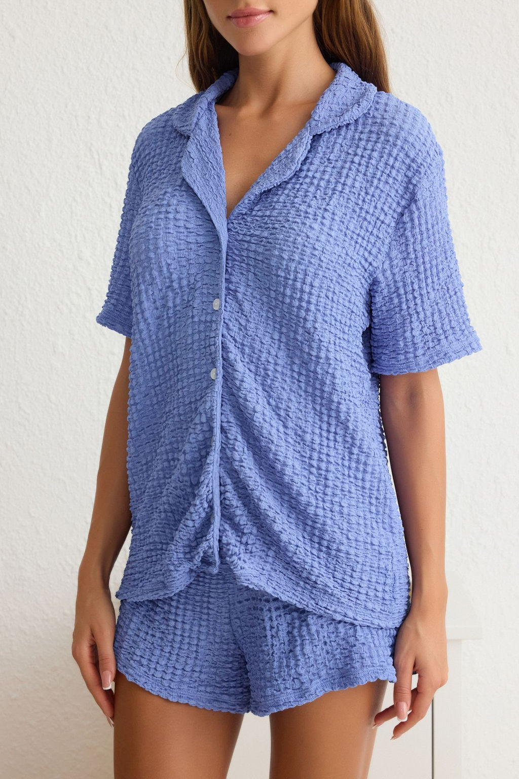 Trendyolmilla Mavi Burumcuk Sortlu Orme Pijama Tak?m? THMSS25PT00017 фото 3