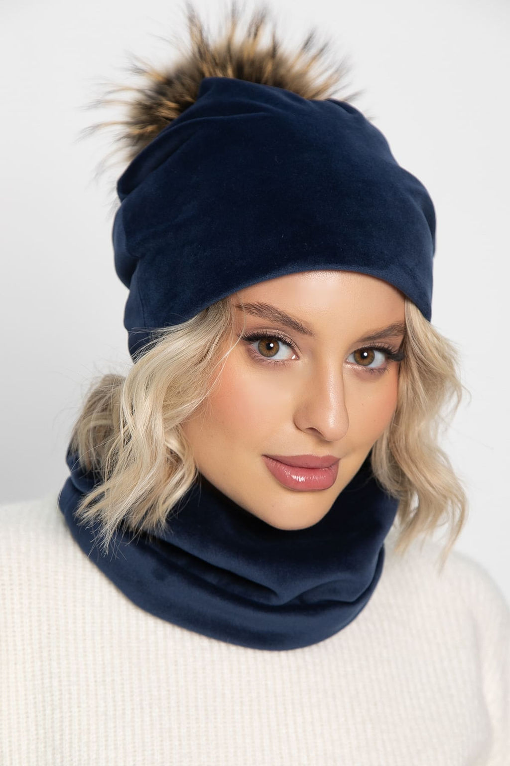 Комплект шапка с помпоном и снуд (синий) ШПС22-23М