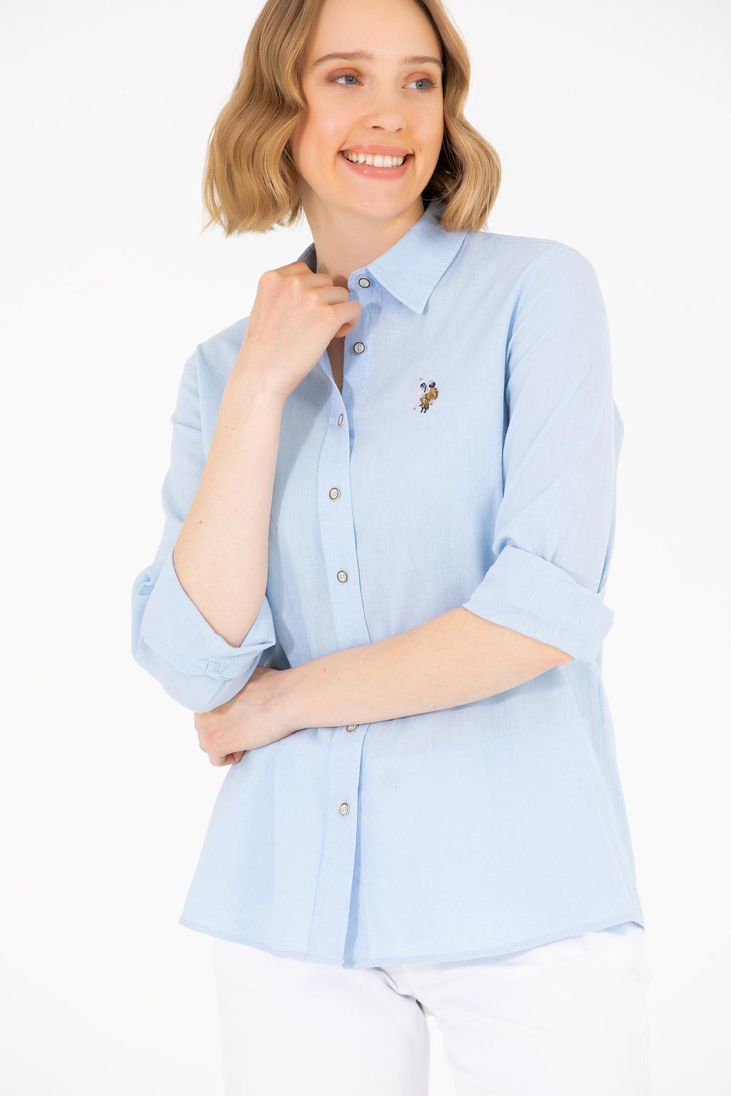 Женская голубая рубашка с длинным рукавом Basic - U.s. polo assn фото 15