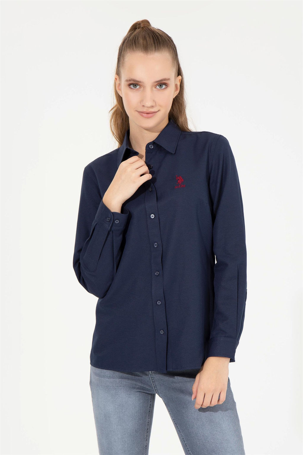 Женская темно-синяя рубашка с длинным рукавом, базовая - U.s. polo assn фото 8