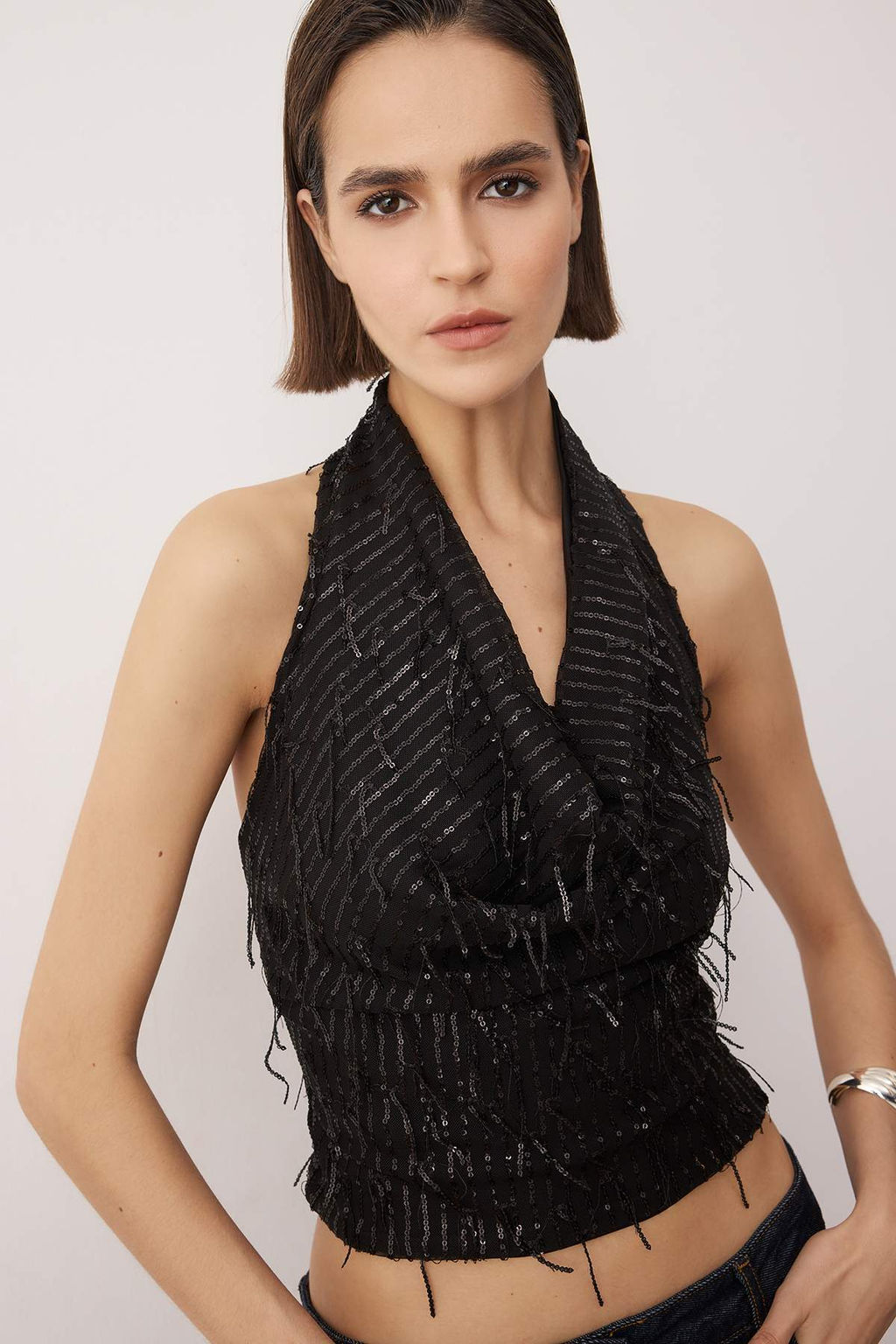 Siyah Degaje Yaka Sacakl? Payet Party Bluz TPRAW26BZ00064