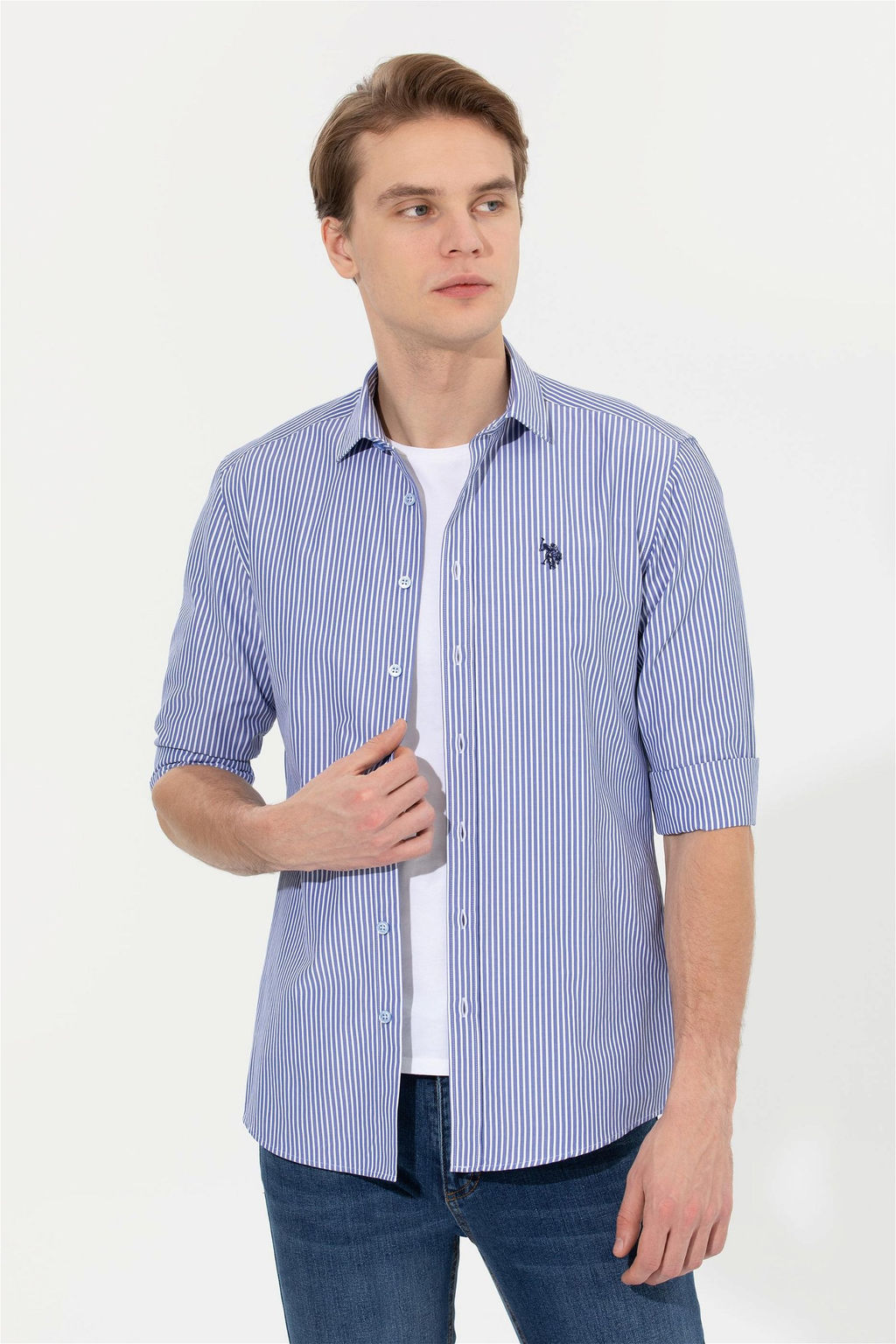 Мужская рубашка сакс в белую полоску Неожиданная скидка в корзине - U.s. polo assn фото 3