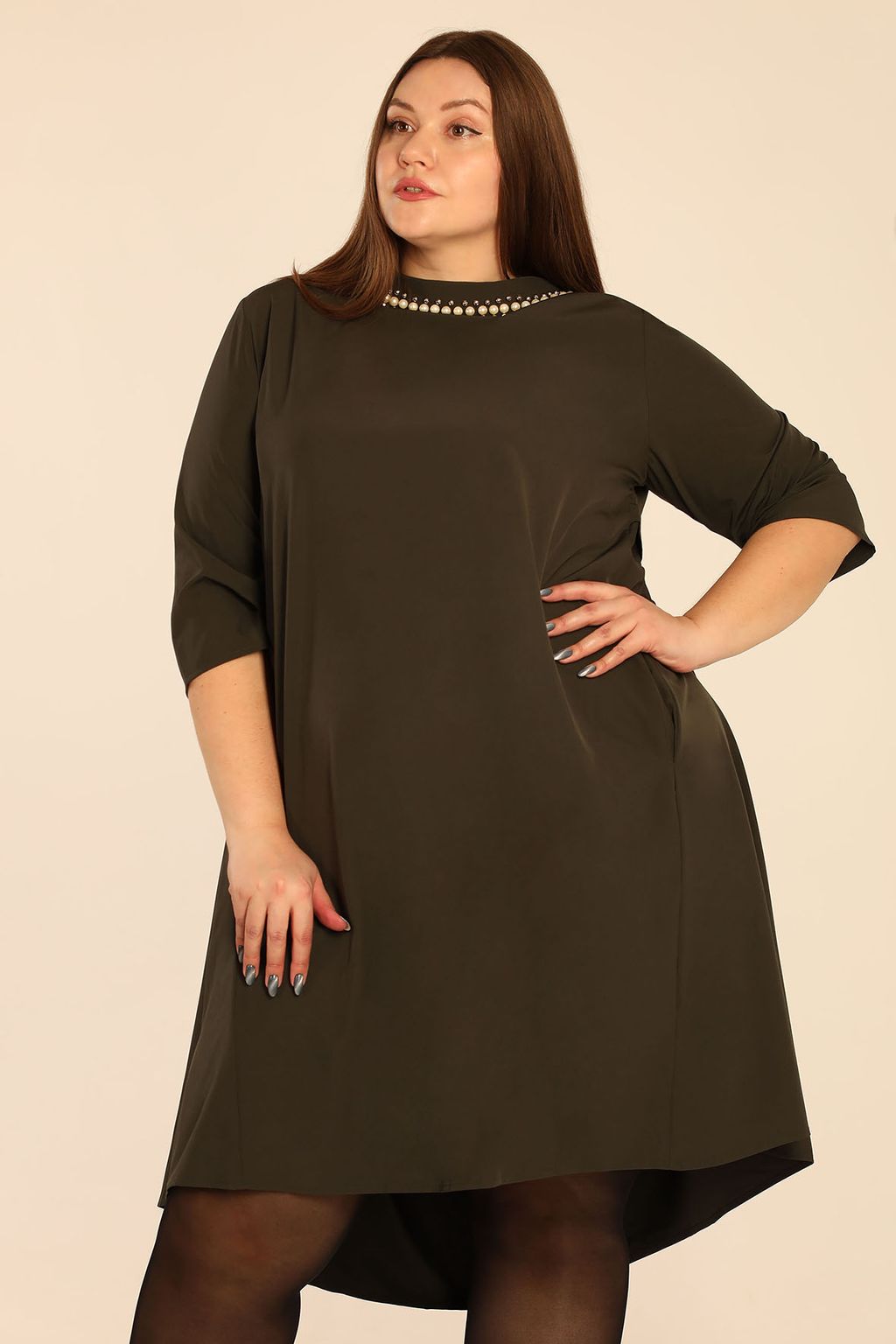 Платье свободное нарядное с жемчугом - Almond фото 7