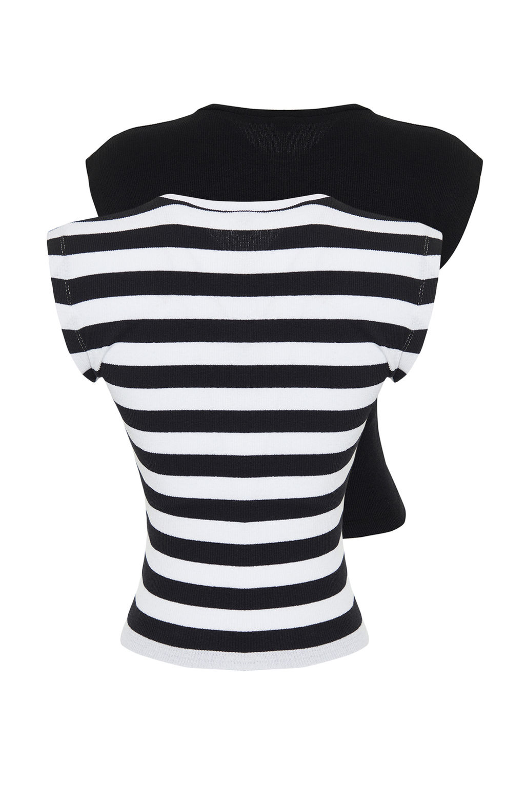 Siyah-Cok Renkli 2li Paket Cizgili ve Duz Fitilli Crop Ay Kol Esnek Orme Bluz TWOSS24BZ00367 - Trendyolmilla фото 8