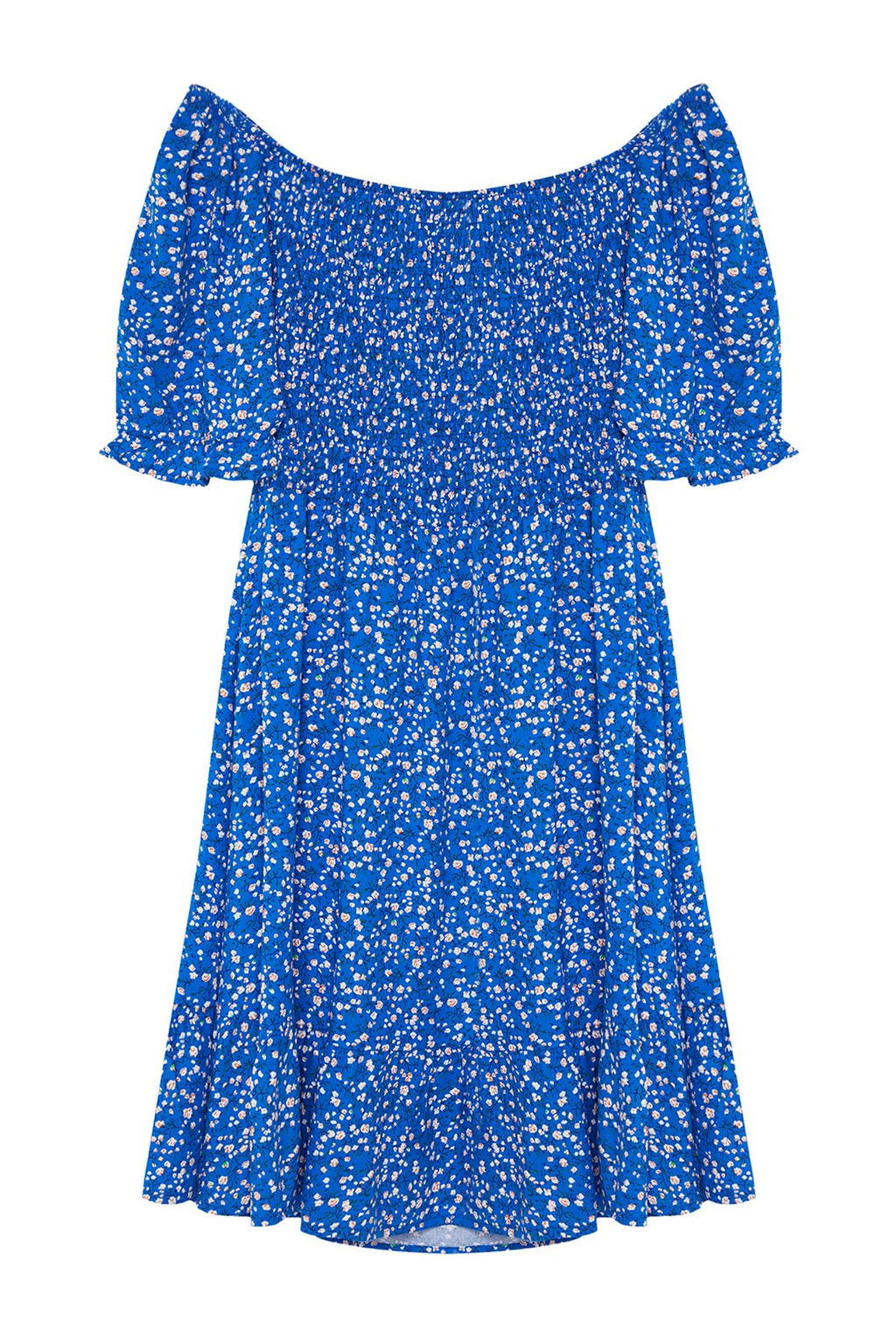 Mavi Cicekli Desenli Skater Etekli Carmen Yaka Viskon Dokuma Elbise TWOSS24EL01033