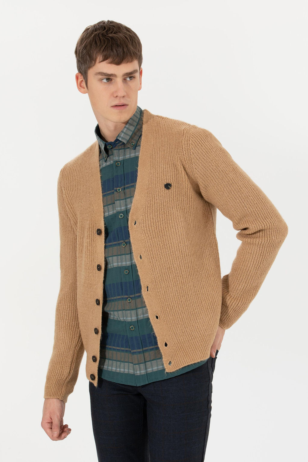 U. S. Polo Assn Мужской кардиган из меланжевого трикотажа светло-коричневого цвета - U.s. polo assn фото 4