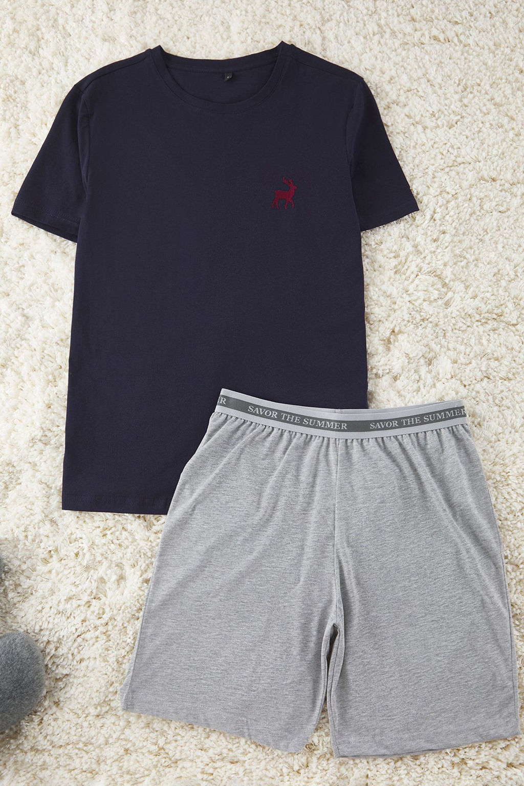 TRENDYOL MAN Gri melanj- Bordo Slim Fit Geyik Nak?sl? Sortlu Orme Pijama Tak?m? TMNSS25PT00070 - Trendyolmilla фото 2