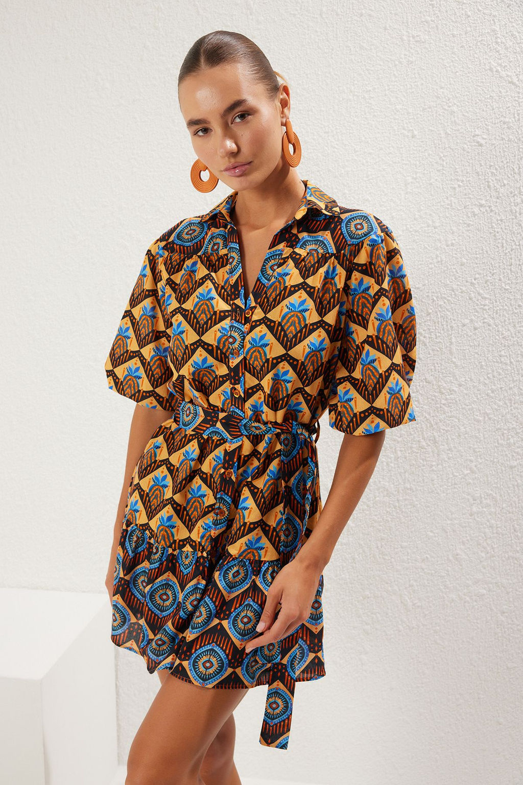 Trendyolmilla Etnik Desenli Mini Dokuma %100 Pamuk Balon Kollu Plaj Elbisesi TBESS25EL00035  фото 3