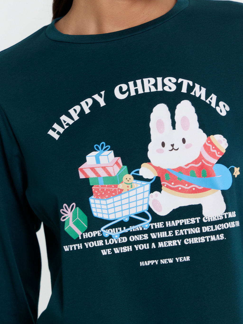 Пижама женская зеленая с принтом и надписью "Happy Christmas"