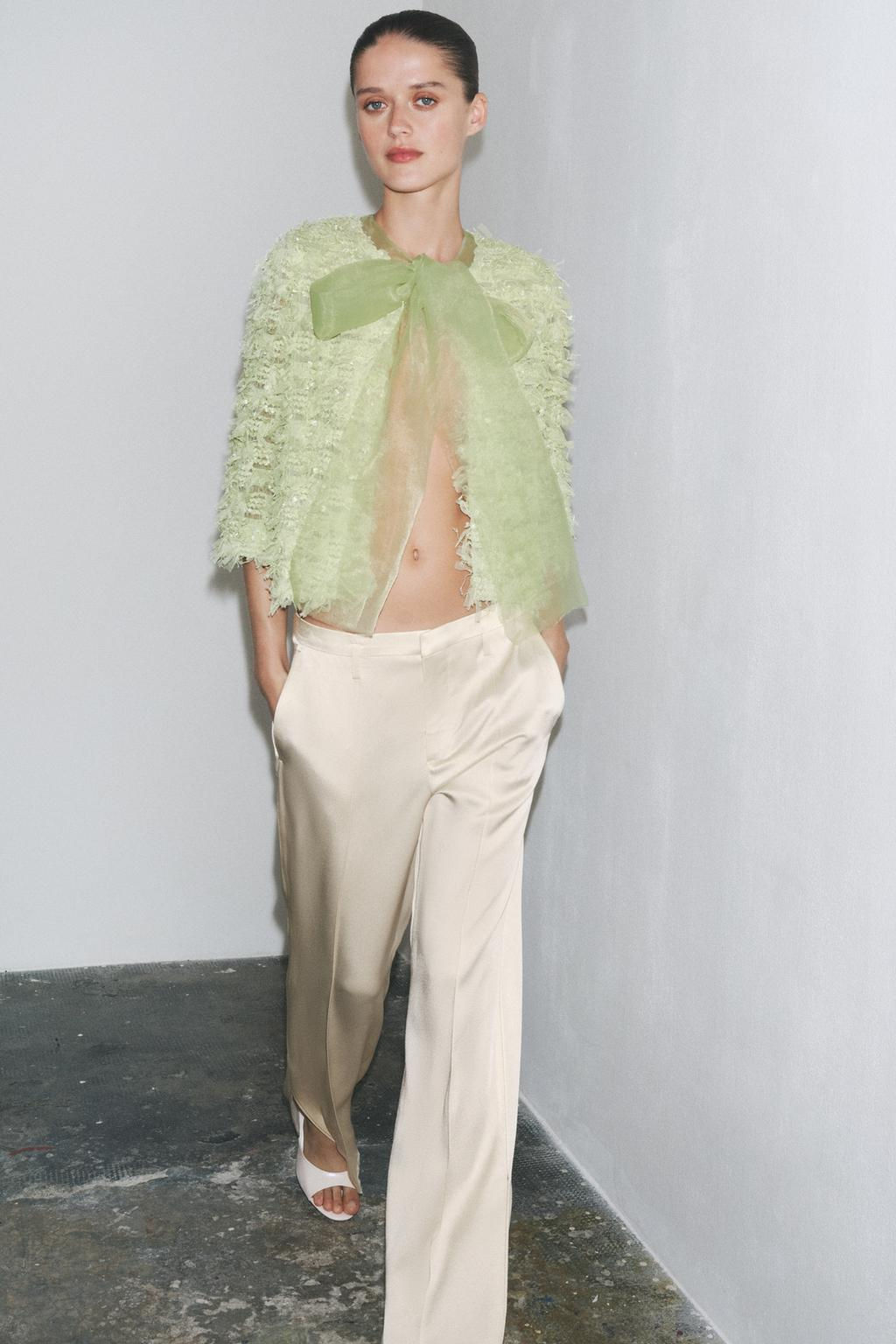 FRINGED KNIT CARDIGAN WITH ORGANZA TIE
