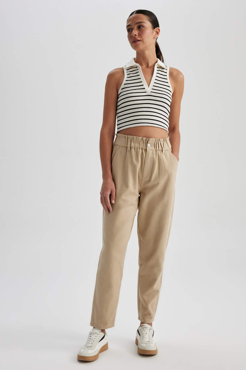 Paperbag Gabardin Pantolon Yuksek Bel Cepli Basic Duz Standart Paca - Defacto фото 5