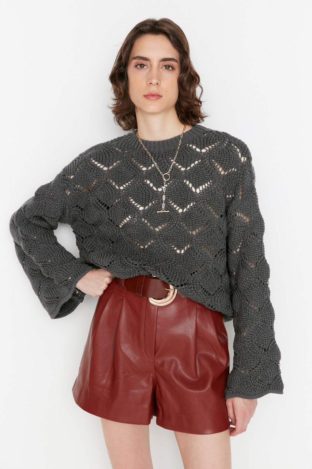 Vizon Ajurlu/Delikli Triko Kazak TWOAW22KZ1171 - Trendyolmilla фото 19