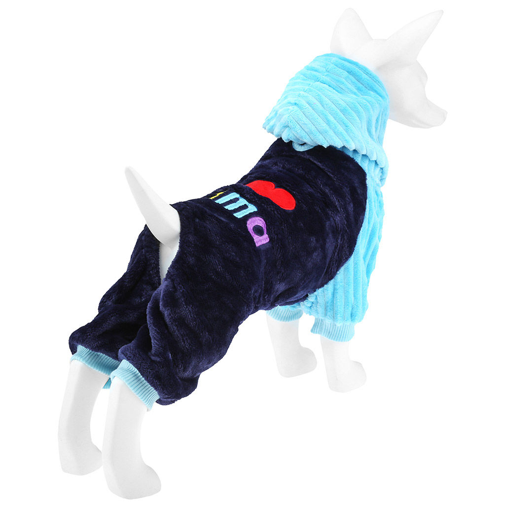 Пэт тойс (Pet toys) Одежда для собаки Комбинезон I Mama/Papa с капюшоном, с принтом, на кнопках, р-р M 33-37см, длина спинки 24см/обхват груди 38см/обхват шеи 30см, цвет-синий с голубым, плюш (100% полиэстер) (Китай) - Домашняя мода фото 3