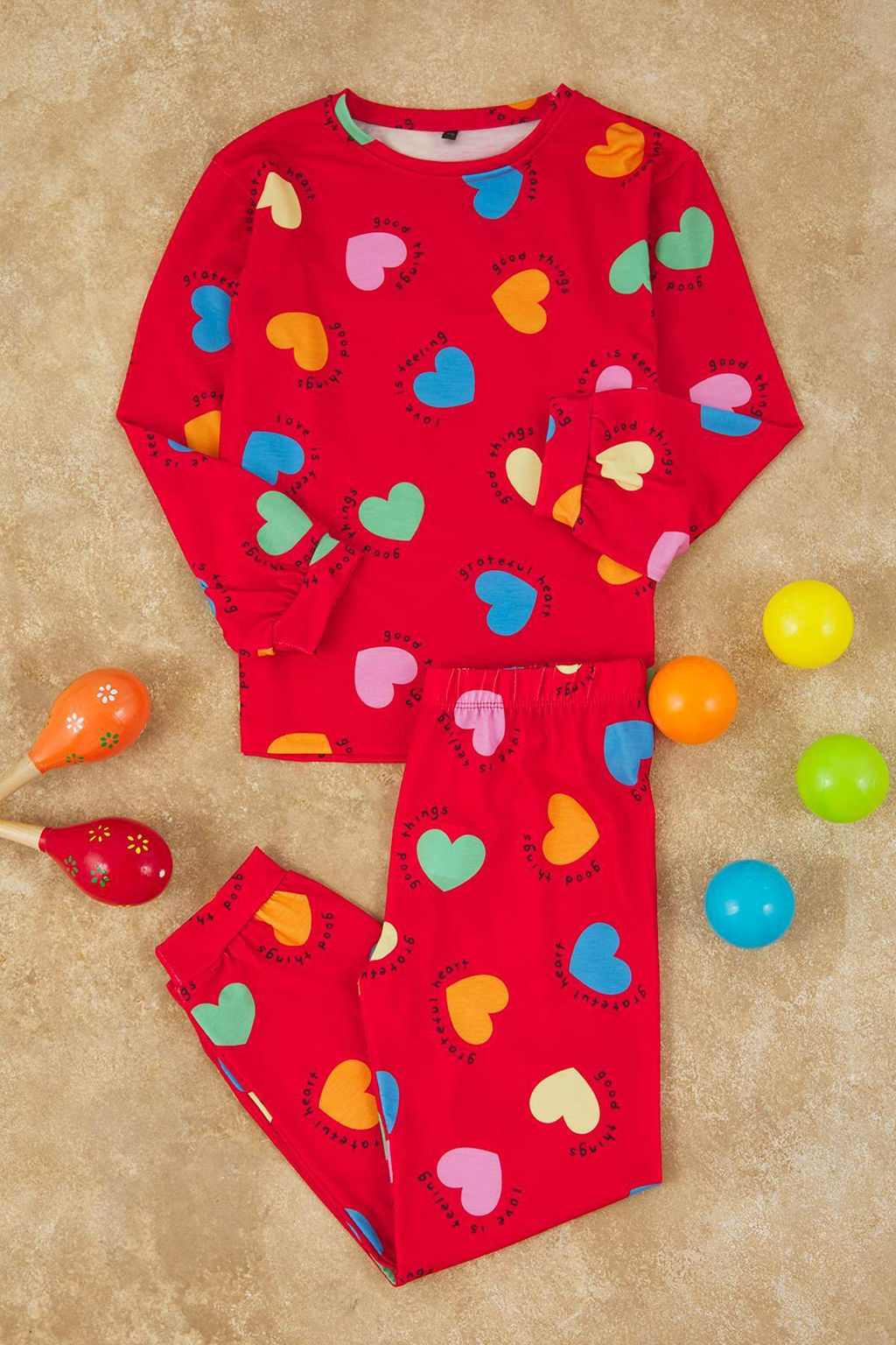 K?rm?z? Yumusak Dokulu K?z Cocuk Kalp Bask?l? Orme Pijama Tak?m TKDAW25AU00130 - Trendyolmilla фото 2