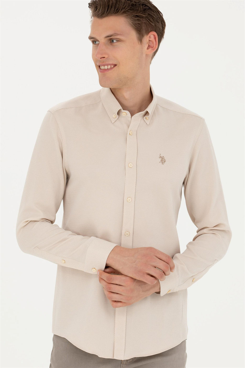 Мужская рубашка песочного цвета с длинным рукавом - U.s. polo assn фото 10