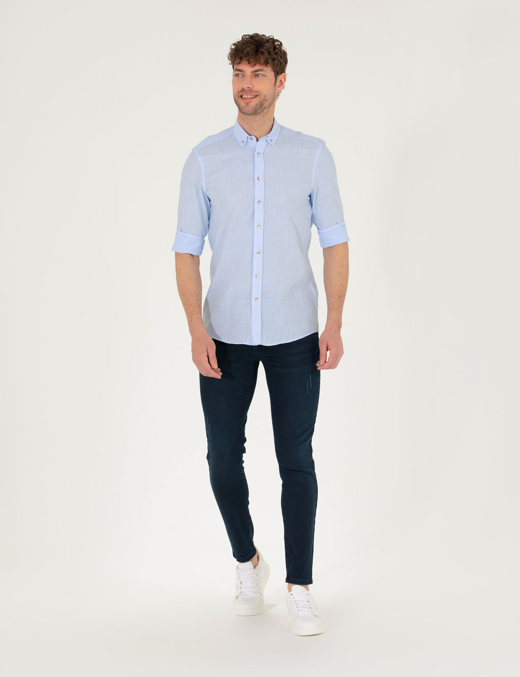 A__k Mavi Slim Fit Uzun Kollu G_mlek