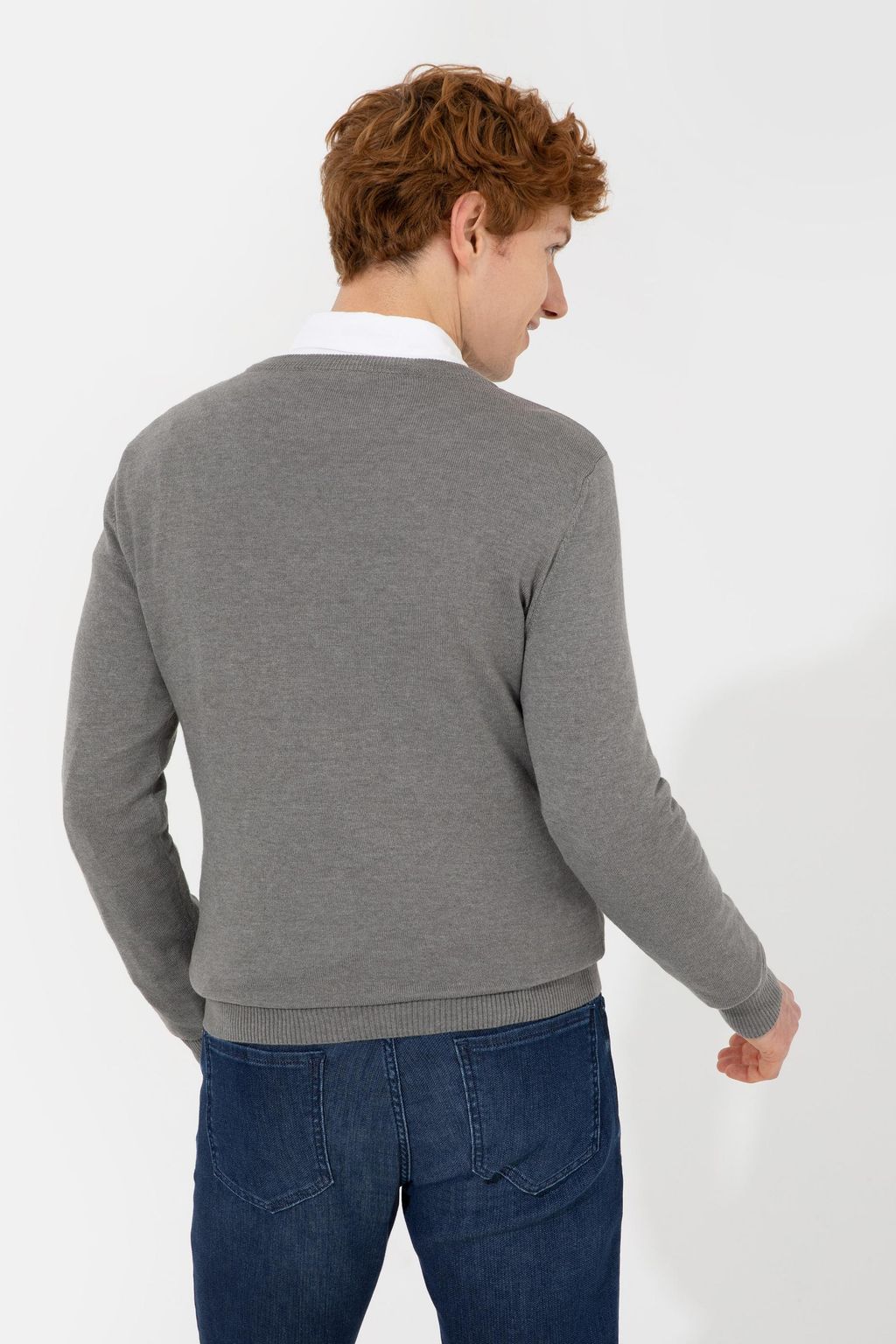 U. S. Polo Assn Мужской серый меланжевый базовый трикотажный свитер с v-образным вырезом - U.s. polo assn фото 5