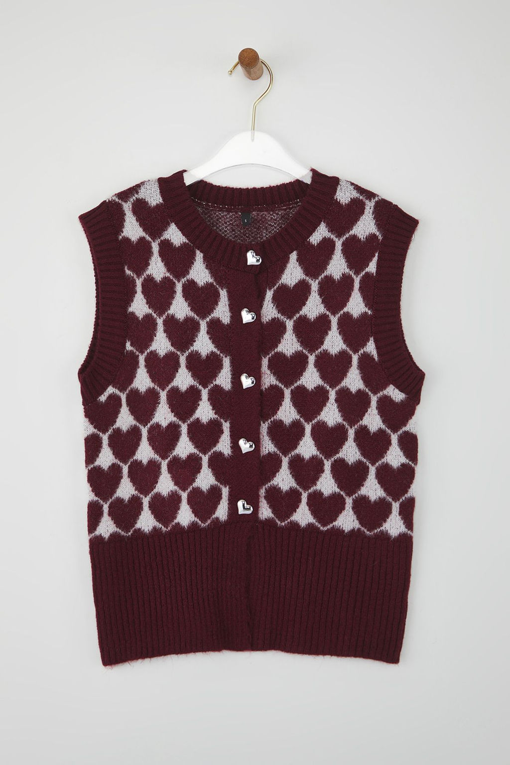 Teen Bordo Sakal/Yumos Iplik Kar?s?ml? Kalp Desenli Triko Yelek TWOAW26YE00012 - Trendyolmilla фото 5