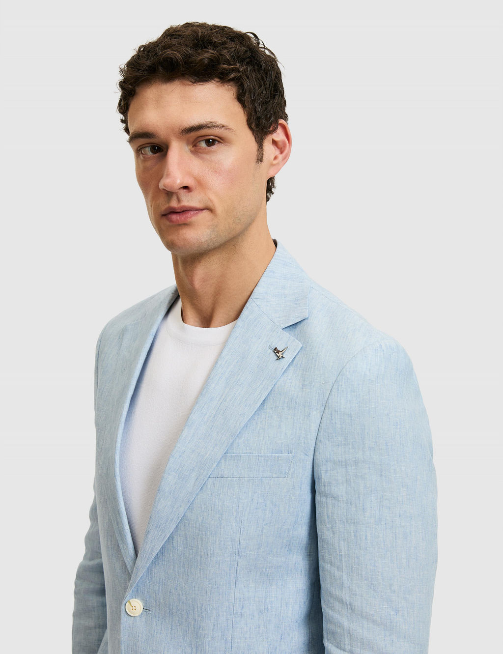 A__k Mavi Slim Fit %100 Keten Mikro Desen Mono Yaka Ceket