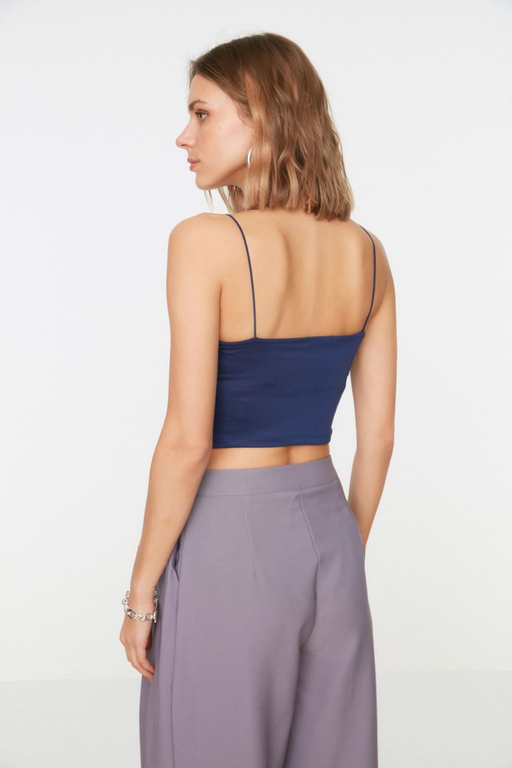 Lacivert Pamuklu Spagetti Ask?l? Fitted/Vucuda Oturan Crop Esnek Orme Atlet TWOSS20AL0006