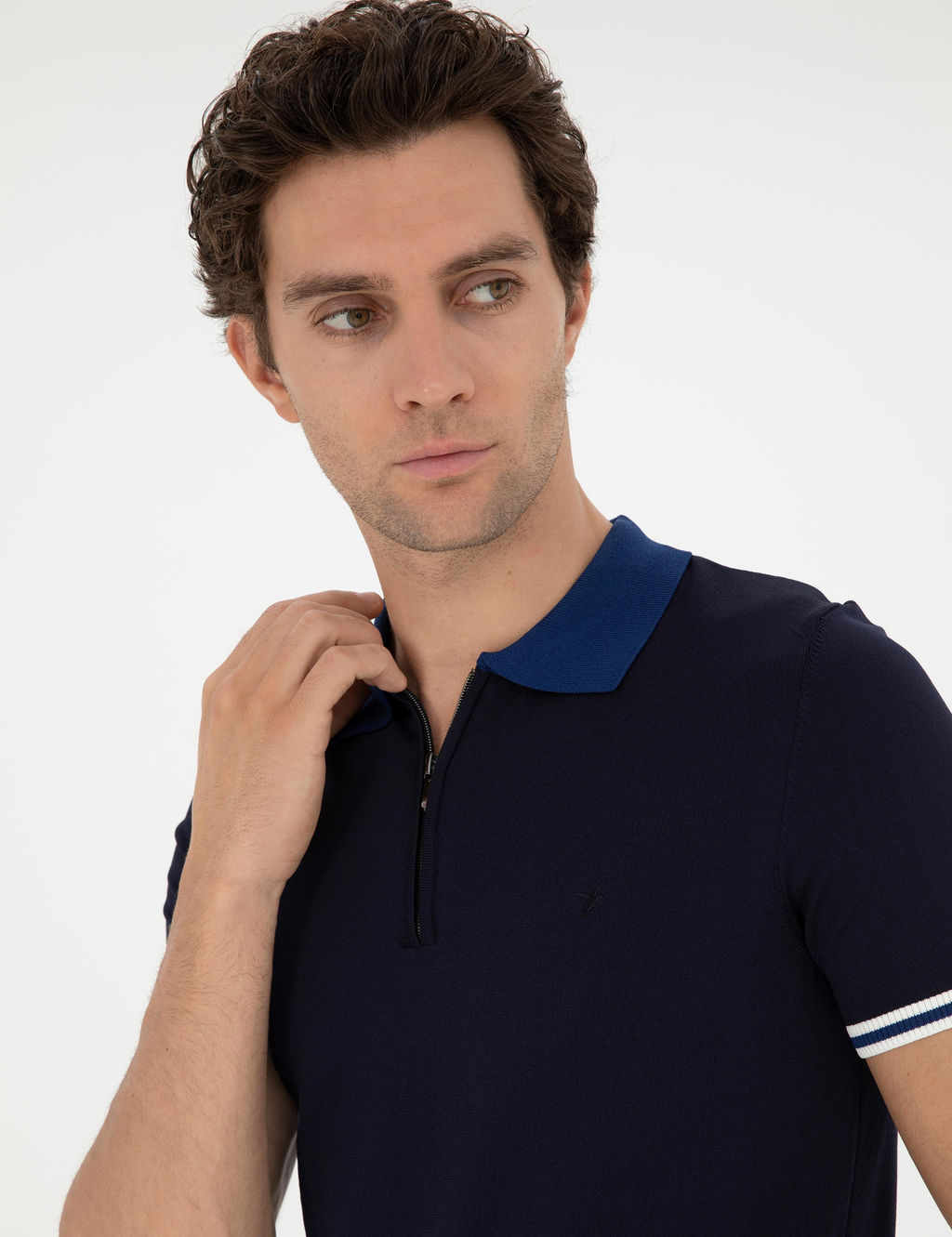 Lacivert Slim Fit Fermuarl_ Polo Yaka Triko T-shirt
