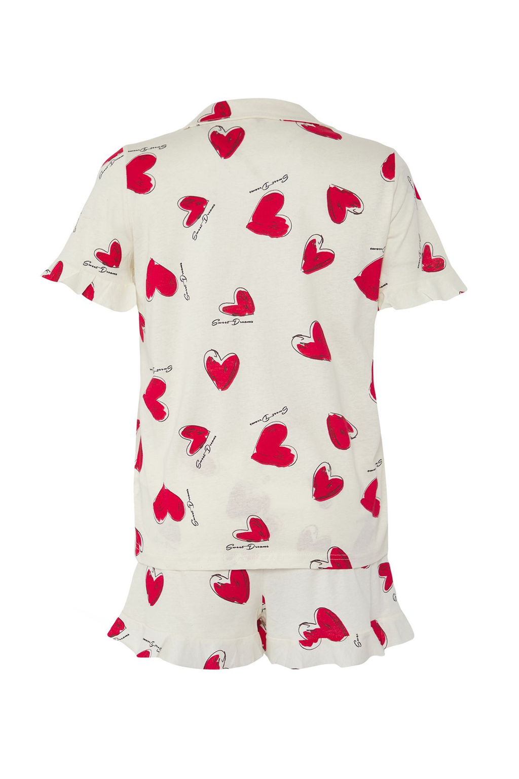 Trendyolmilla Ekru %100 Pamuklu Kalpli Volanl? Sortlu Orme Pijama Tak?m? THMSS25PT00336  фото 6