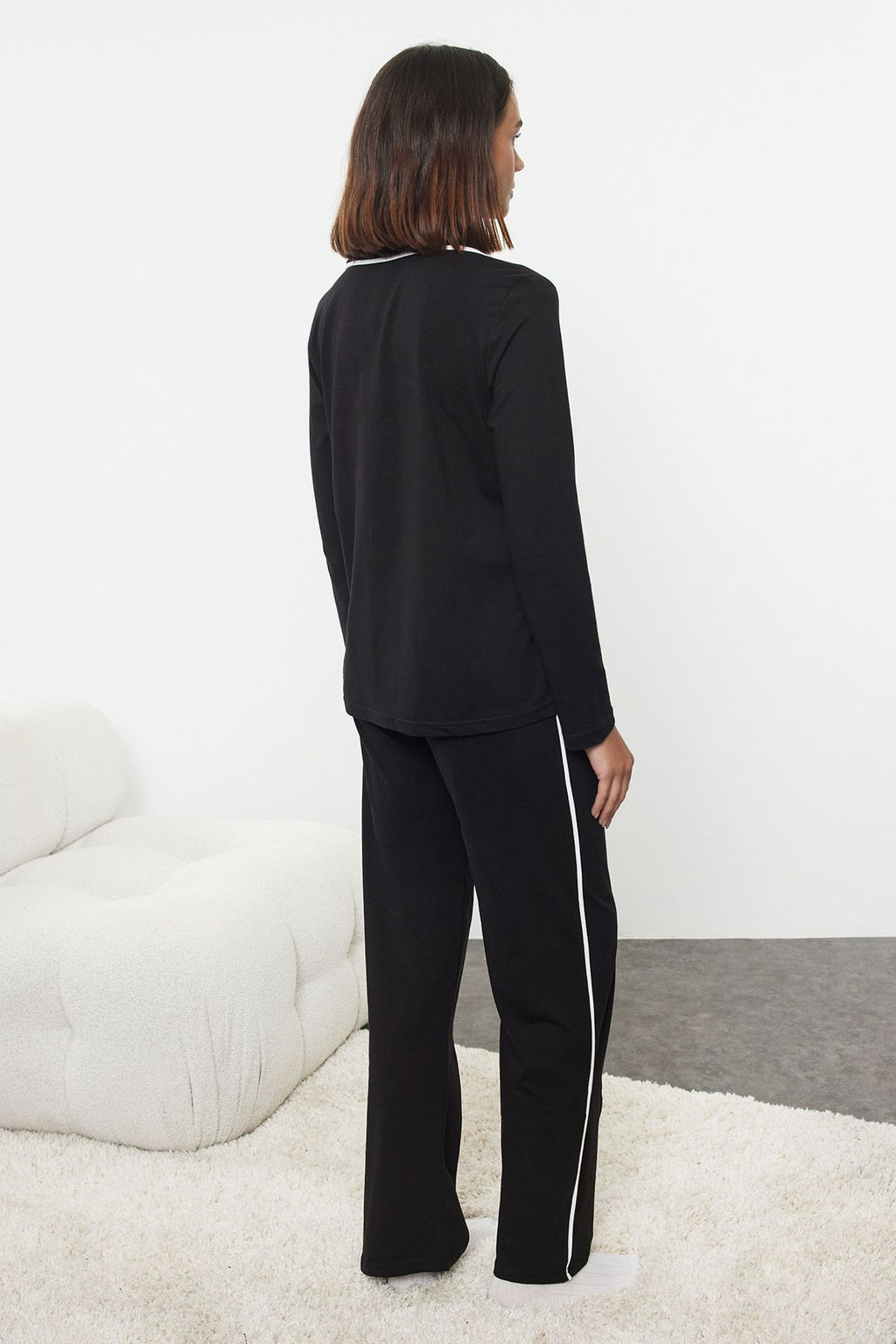 Siyah %100 Pamuklu Biye Detayl? Orme Pijama Tak?m? THMAW25PT00105 - Trendyolmilla фото 5