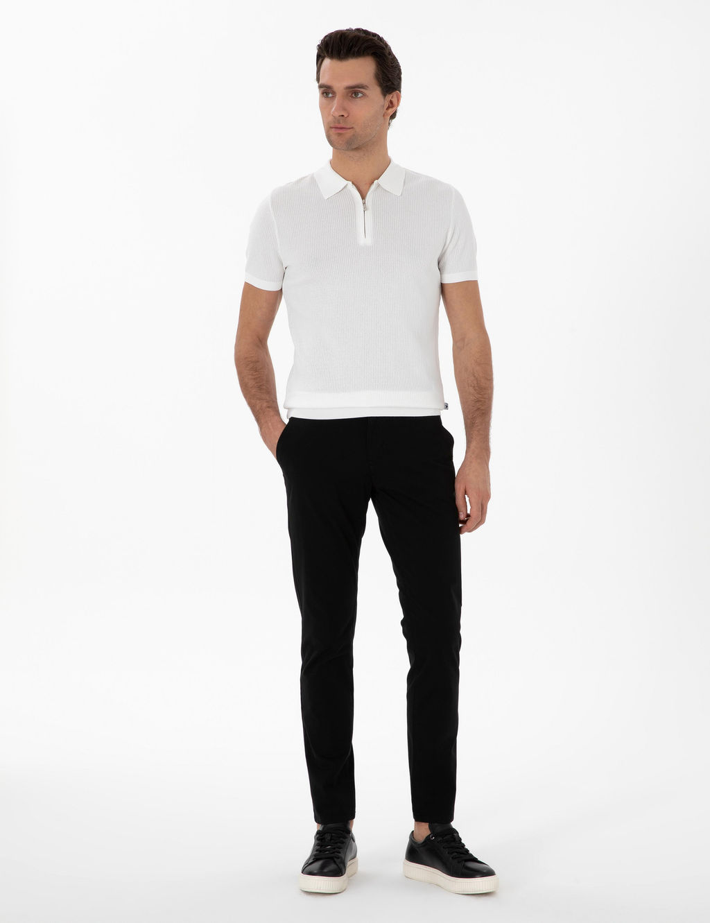 Ekru Slim Fit Fermuarl_ Polo Yaka Triko T-shirt
