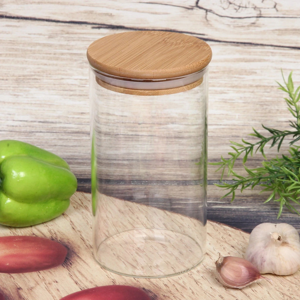 Цена за 2 шт. Банка для продуктов стеклянная 700мл "Хай-Тек" с бамбуковой крышкой 8,5*15см