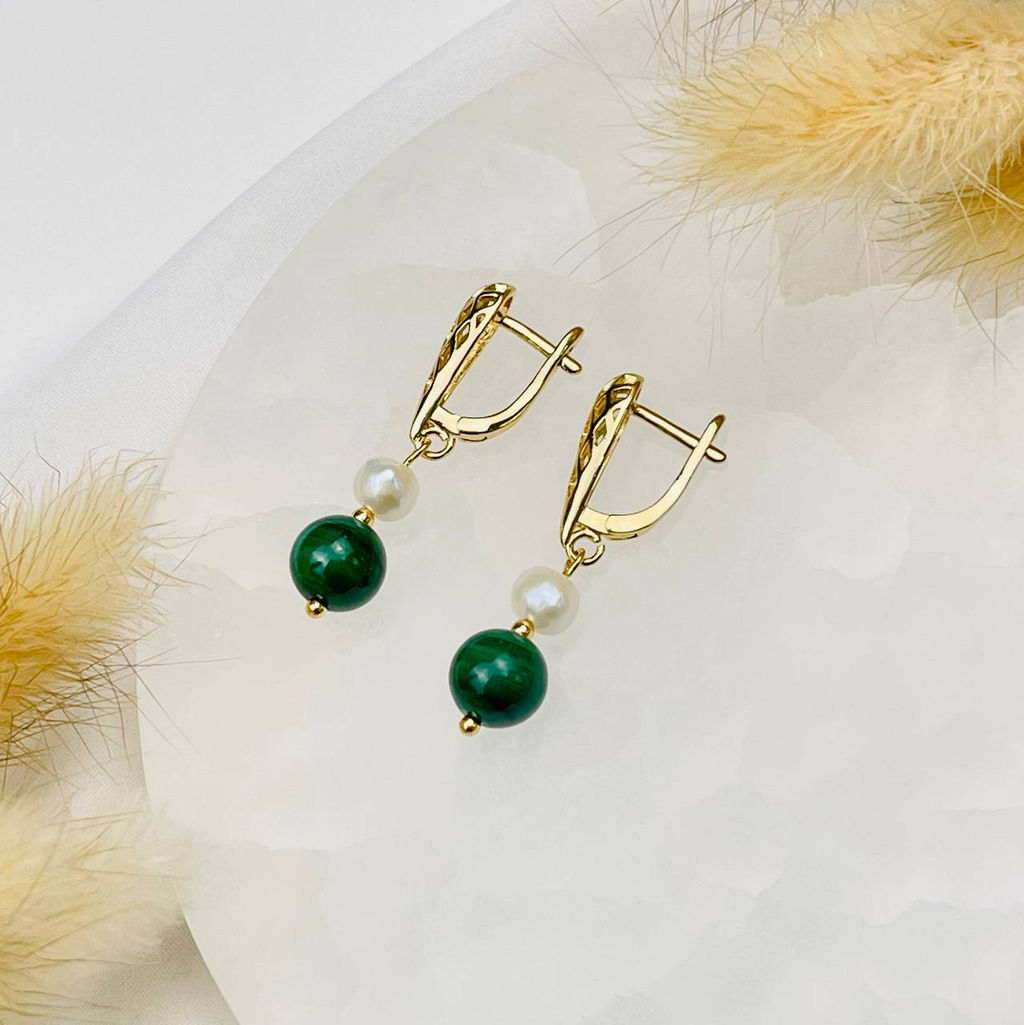 Серьги двойные из Малахита и Жемчуга - Радуга самоцветов фото 2