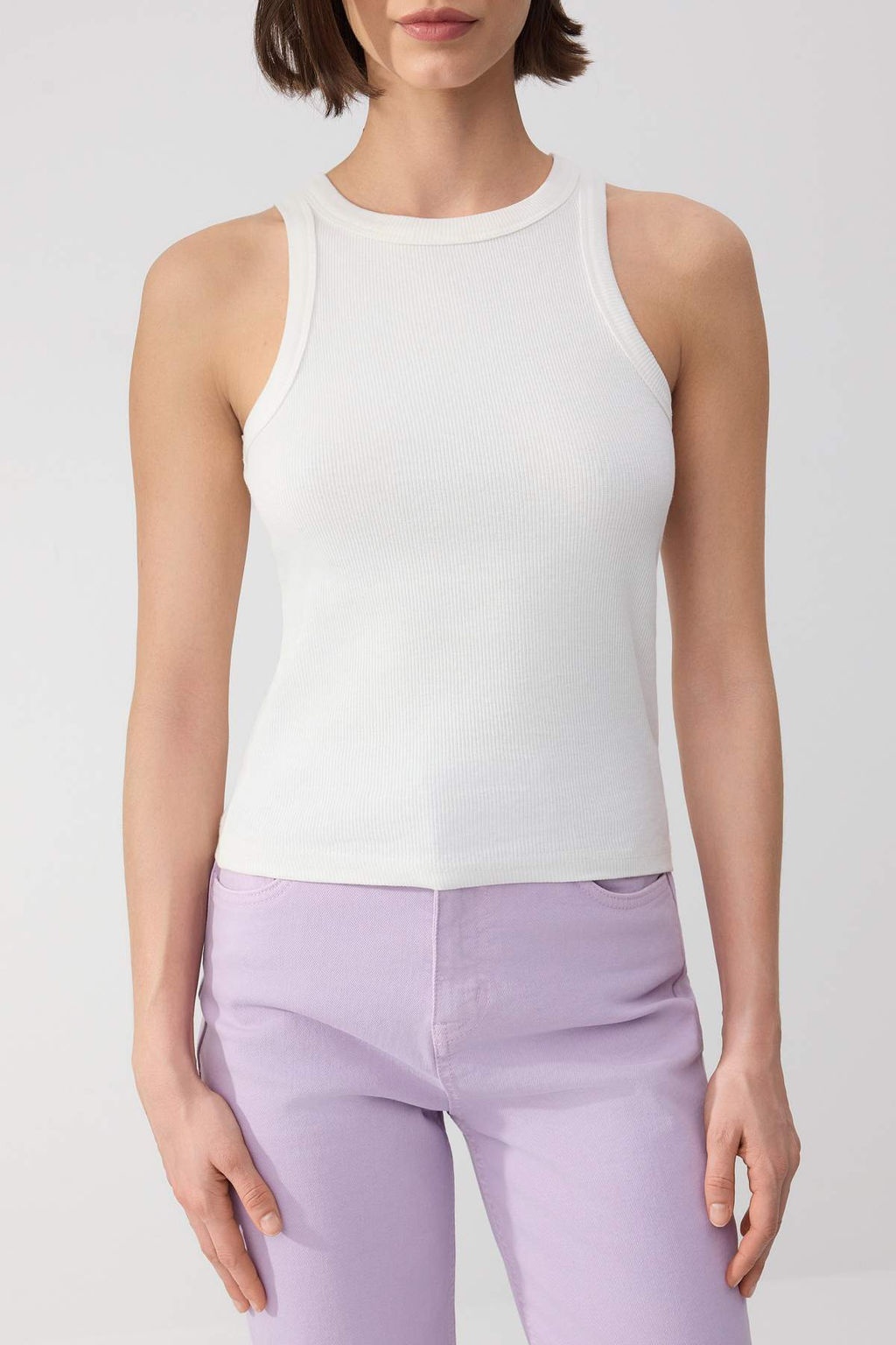 Wardrobe Essentials-Ekru Fitted/Vucuda Oturan Kal?n Ask?l? Kolsuz Esnek Orme Atlet TWOSS26AL00029