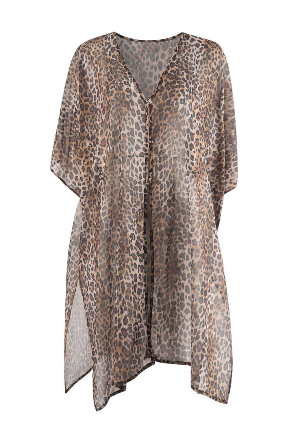 Leopar Desenli Dokuma Midi Yarasa Kol Plaj Kimono & Kaftan TBESS26KM00001