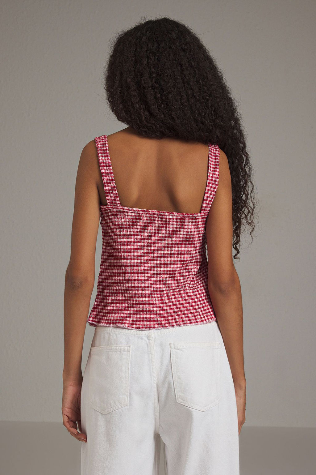 K?rm?z? Poti Kare Desenli Baglama Detayl? Esnek Orme Bluz TWOSS25BZ00234