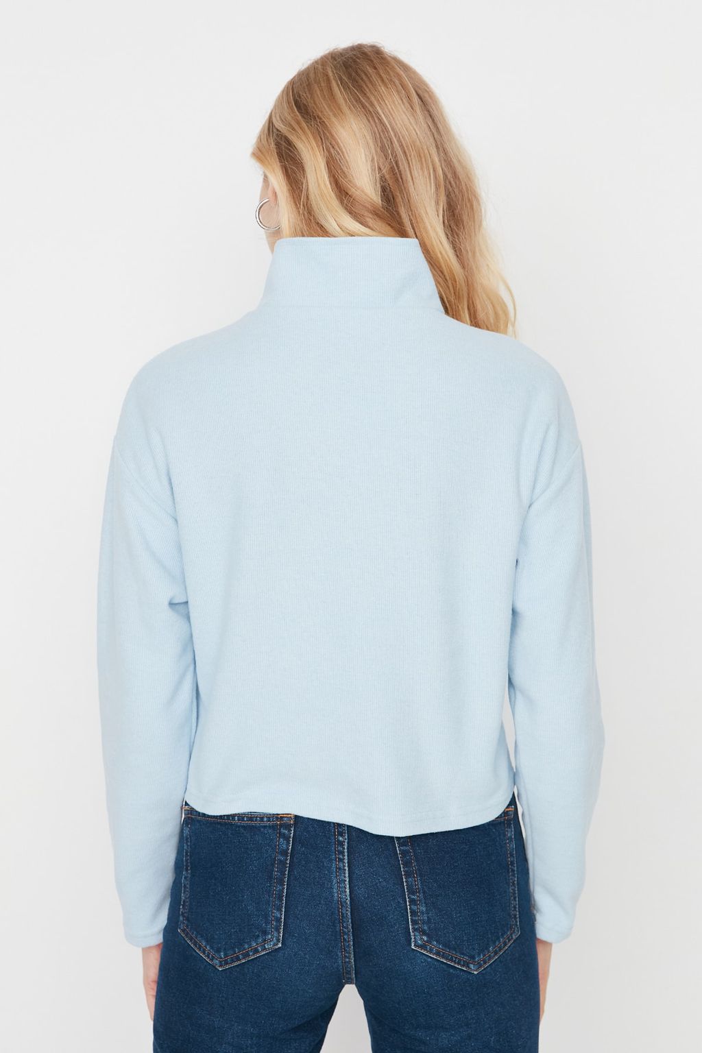 Mavi Selanik/Triko Gorunumlu Fermuarl? Yaka Regular/Normal Kal?p Orme Sweatshirt TWOAW22SW0732