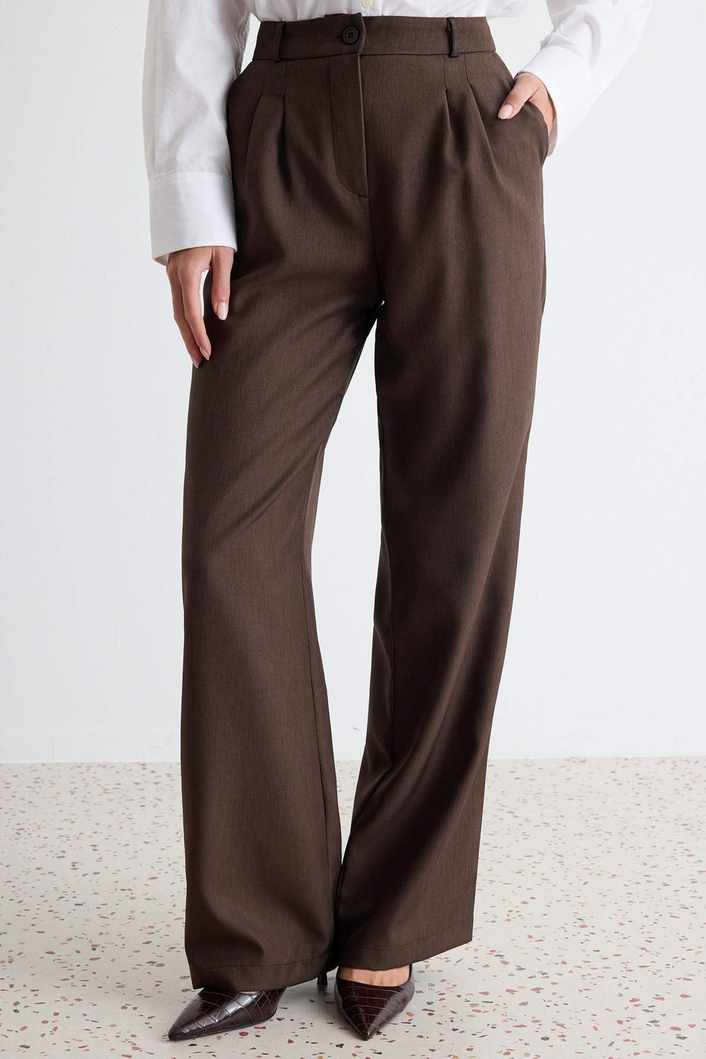 A__k Kahverengi Wide Leg/Geni_ Pa_a Palazzo Pilili Dokuma Kuma_ Pantolon TWOAW22PL0475 - Trendyolmilla фото 3